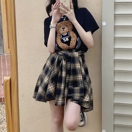 【別売りあり】ベアーTシャツ チェックタイスカートセット