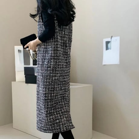 ラメツイード Vネックロングワンピース