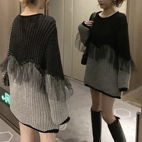 ブラックフリル バイカラーニット