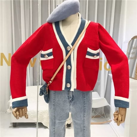 Vネック シルバーボタンラインカーディガン 3色展開