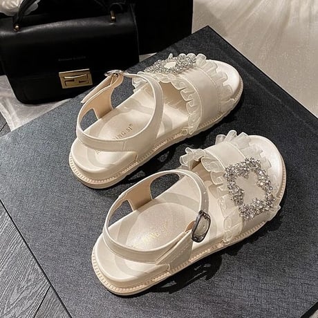 ビジューフラワー フリルサンダル 2色展開