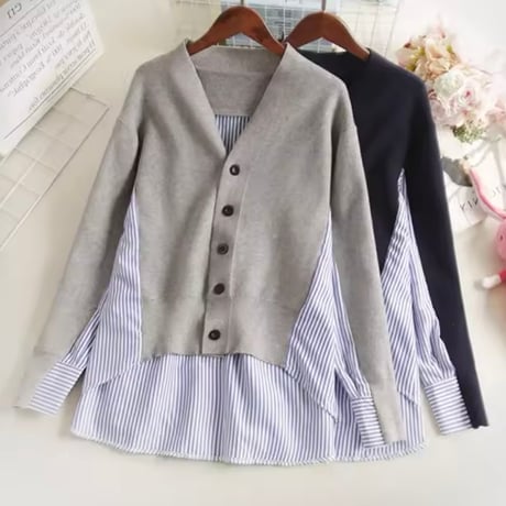 ストライプシャツ 切り替えニット 2色展開