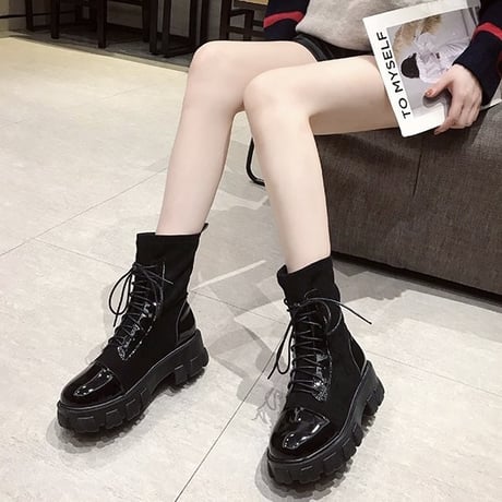 【Beigh 24.0cm即納】異素材mix レースアップショートブーツ 2色展開
