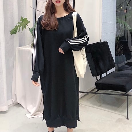 ラインスリーブ サイドスリットルーズワンピース 3色展開