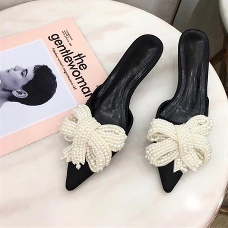 ビッグパールリボン ローヒールパンプス 2色展開