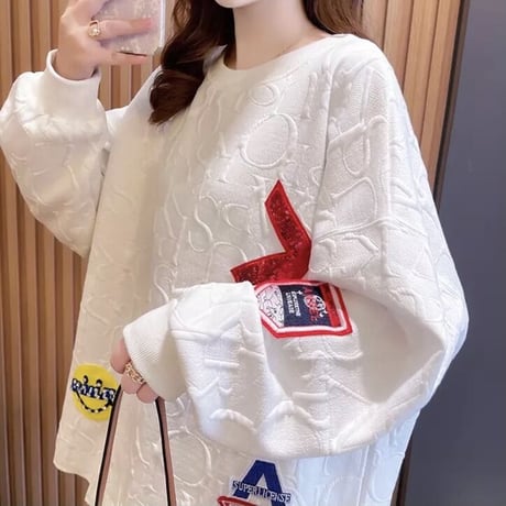 ワッペン オーバーワッフルスウェットトップス 2色展開