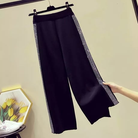 サイドラインストーン ニットパンツ 2色展開