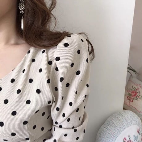 パフスリーブ バックリボンドットワンピース
