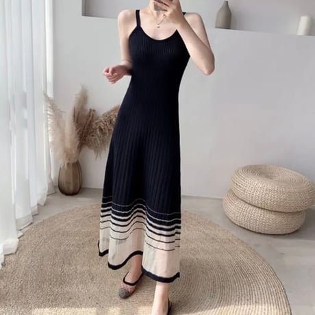 ボーダースルー リブニットワンピース 3色展開