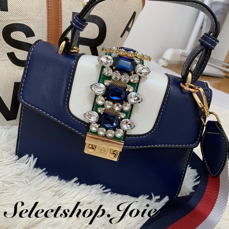 トリコロールカラーストラップ ビジューバッグ 4色展開