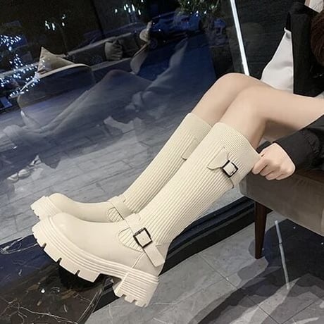 ベルトデザイン ラウンドトゥソックスブーツ 3色展開