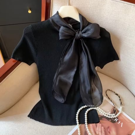 シフォンリボンサマーニットトップス 3色展開
