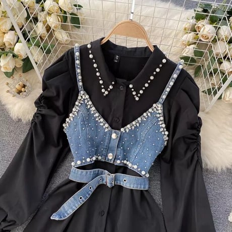パールブラウス デニムビスチェセット 2色展開