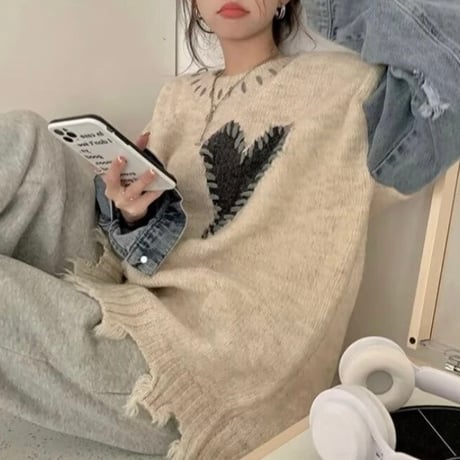 ステッチハート デニムスリーブニット