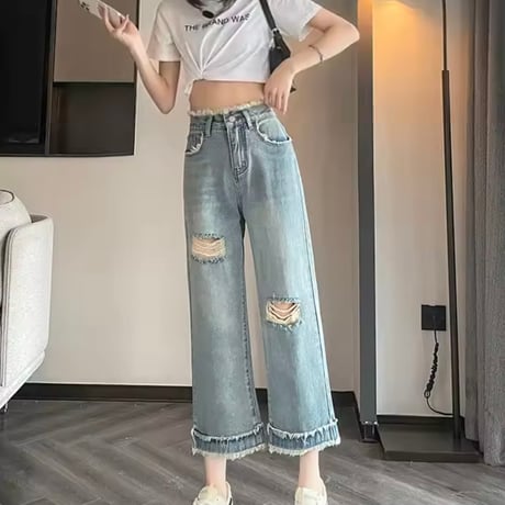 フリンジダメージ デニムパンツ 2色展開