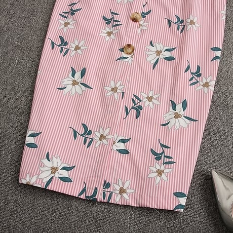 【パッド付き】フラワーストライプワンピース 2色展開