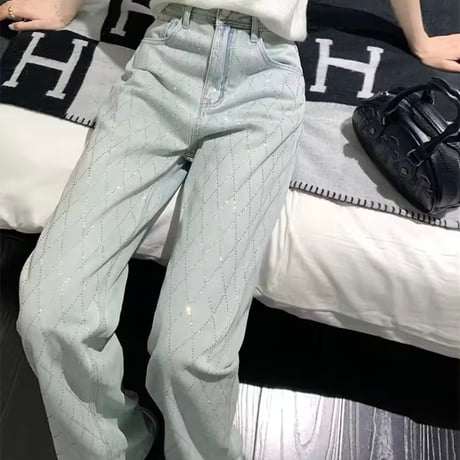 クロスラインストーンデニムパンツ