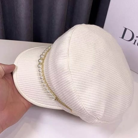 【White即納】リブデザイン パールチェーンキャスケット 4色展開