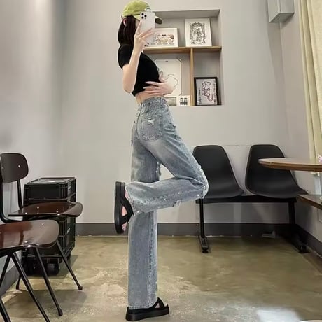 ラインストーンクラッシュデニムパンツ