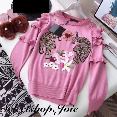 【Pink Lサイズ即納】フリルチーターワッペンニット 2色展開