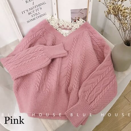 レースネック ケーブルニット 6色展開