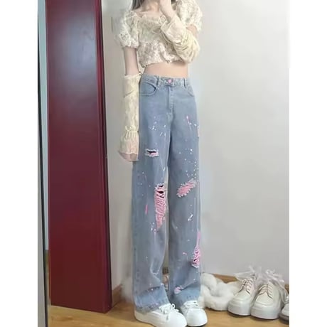 ピンクダメージペイントデニムパンツ
