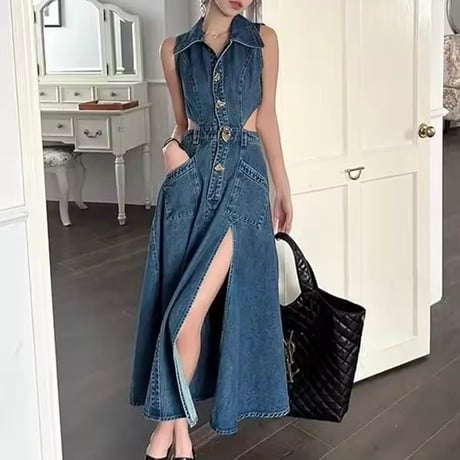ニュアンスボタン スリットデニムワンピース