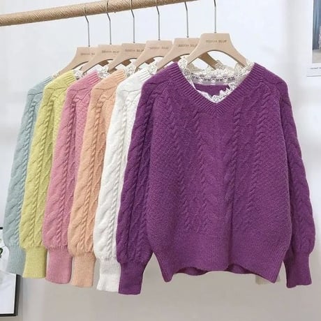 レースネック ケーブルニット 6色展開