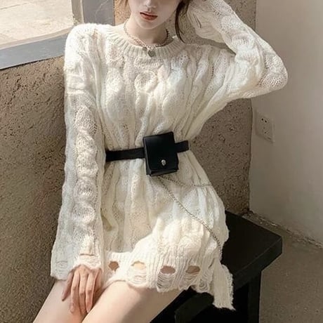 クラッシュ ロングケーブルニット 3色展開