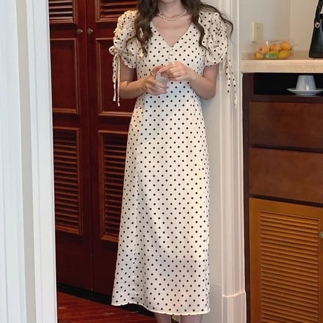 カシュクールスリーブ ドットワンピース 2色展開
