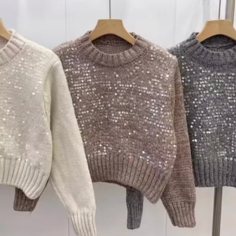 スパンコールラウンドネックニット 3色展開