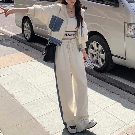 デニムパッチワーク スウェットセットアップ 2色展開