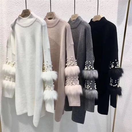 スリーブファーパール ニットワンピース  3色展開