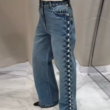 サイドリベットハイウエストデニムパンツ 2色展開