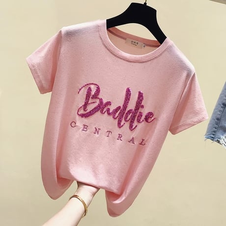 スパンコールメッセージ ラメTシャツ 2色展開
