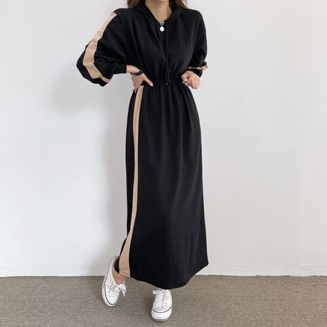 サイドライン フーディスウェットワンピース 2色展開