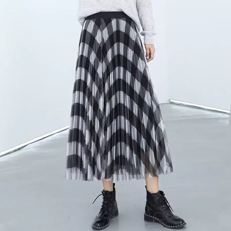 チェックメッシュ プリーツスカート 3色展開