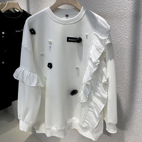 パールモチーフ タグフリルスウェットトップス 2色展開