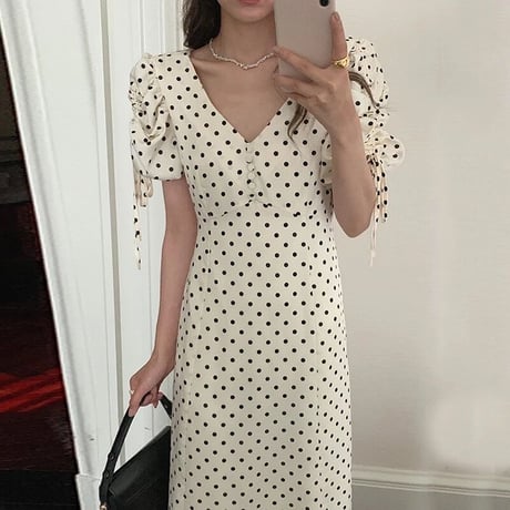 カシュクールスリーブ ドットワンピース 2色展開