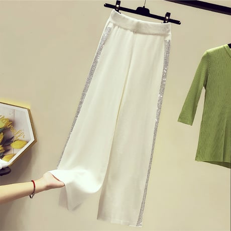サイドラインストーン ニットパンツ 2色展開