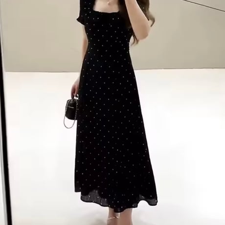 スクエアネック ドットシフォンワンピース