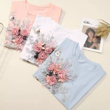 フラワーリボン ステッチTシャツ 3色展開