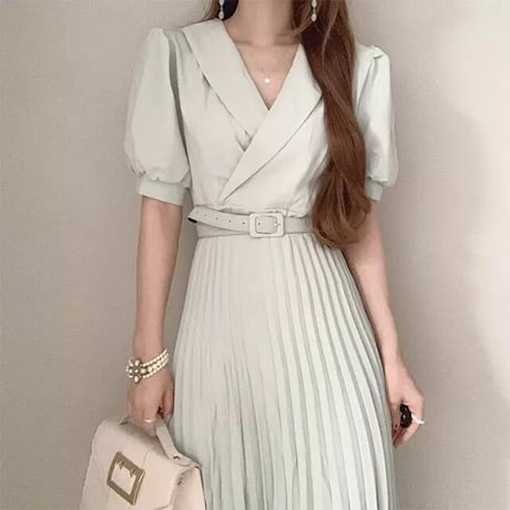 ベルト付き プリーツロングワンピース 3色展開