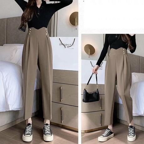 ハイウエスト ゴールドボタンタックパンツ 2色展開