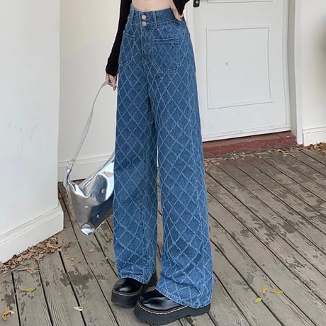 クロスデザイン ハイウエストデニムパンツ 2色展開