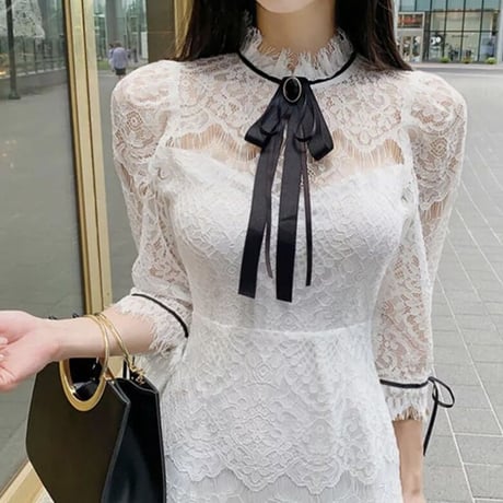 シースルーレース リボンミニワンピース 2色展開
