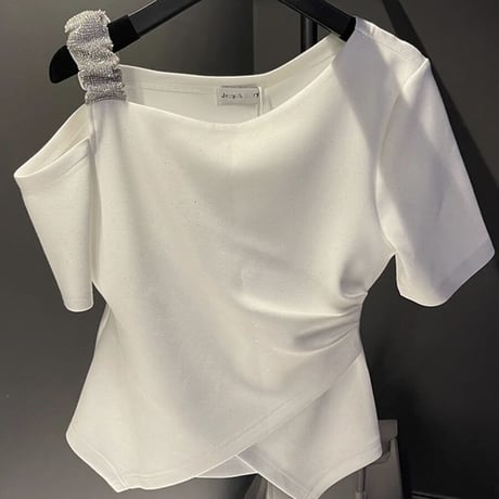 ビジューストラップ ギャザーラメTシャツ