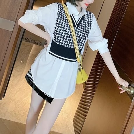 千鳥格子ショートニット フィットブラウス