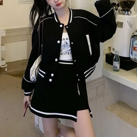 モノトーンライン ジッパースカートセットアップ 2色展開