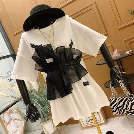メッシュパッチワーク タグTシャツ 2色展開